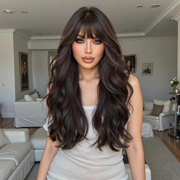 Dark Chocolate Wavy Wig with Full Fringe - MARKETPLACE