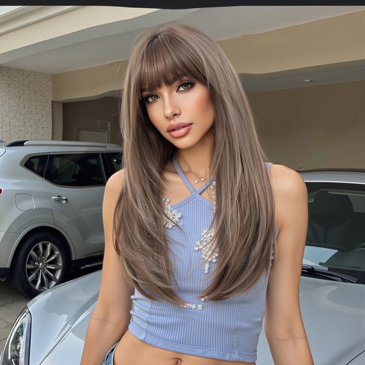 Ash Brown Straight Wig with Full Fringe - MARKETPLACE