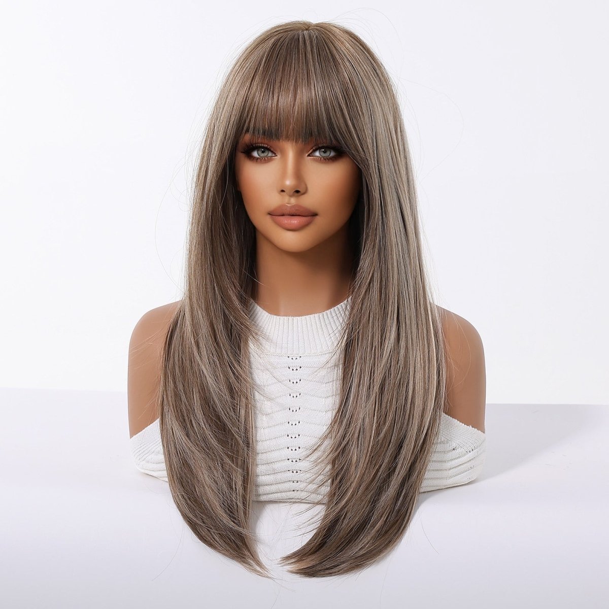 Ash Brown Straight Wig with Full Fringe - MARKETPLACE - Milk &amp; Honey Wigs