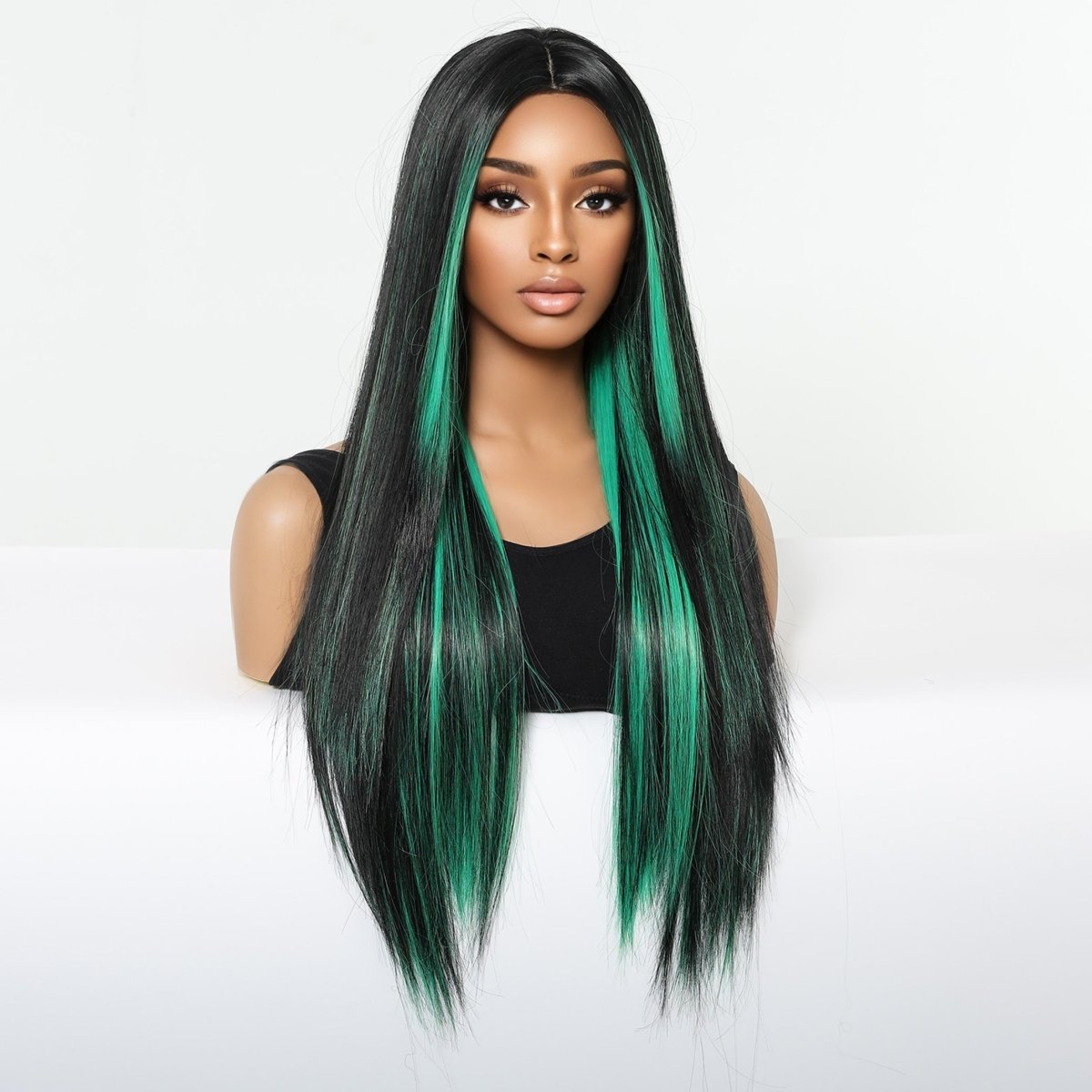 Black Wig with Emerald Green Face - Framing Highlights Wig - MARKETPLACE - Milk &amp; Honey Wigs