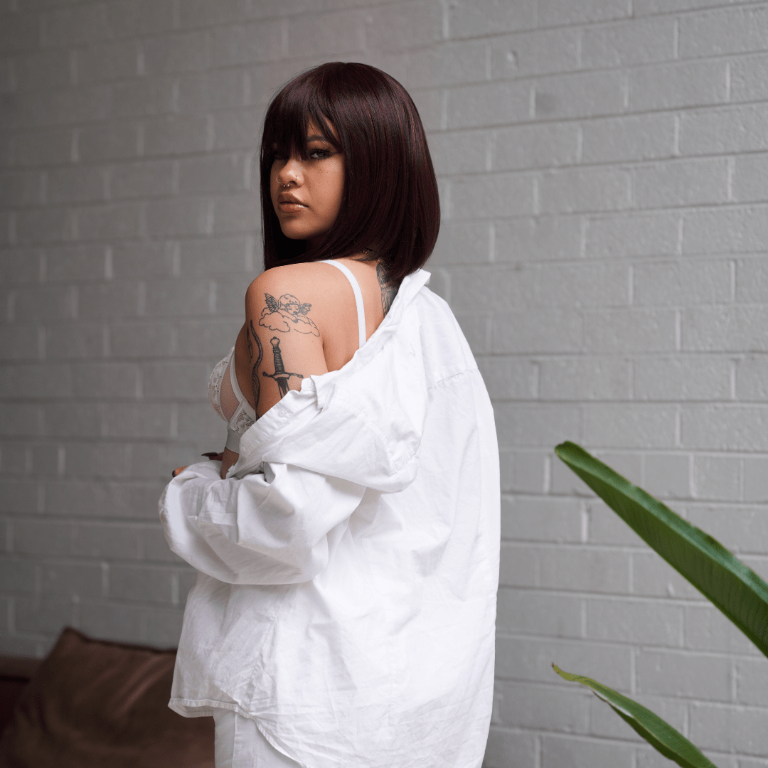 COURTNEY Burgundy Fringe Wig - Milk &amp; Honey Wigs