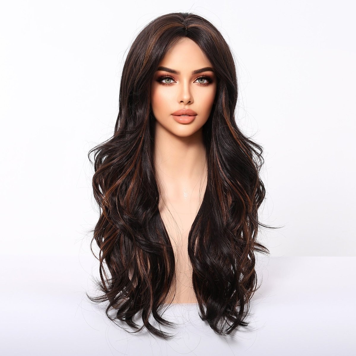 Dark Brown Wig Caramel Highlights Wig - MARKETPLACE - Milk &amp; Honey Wigs