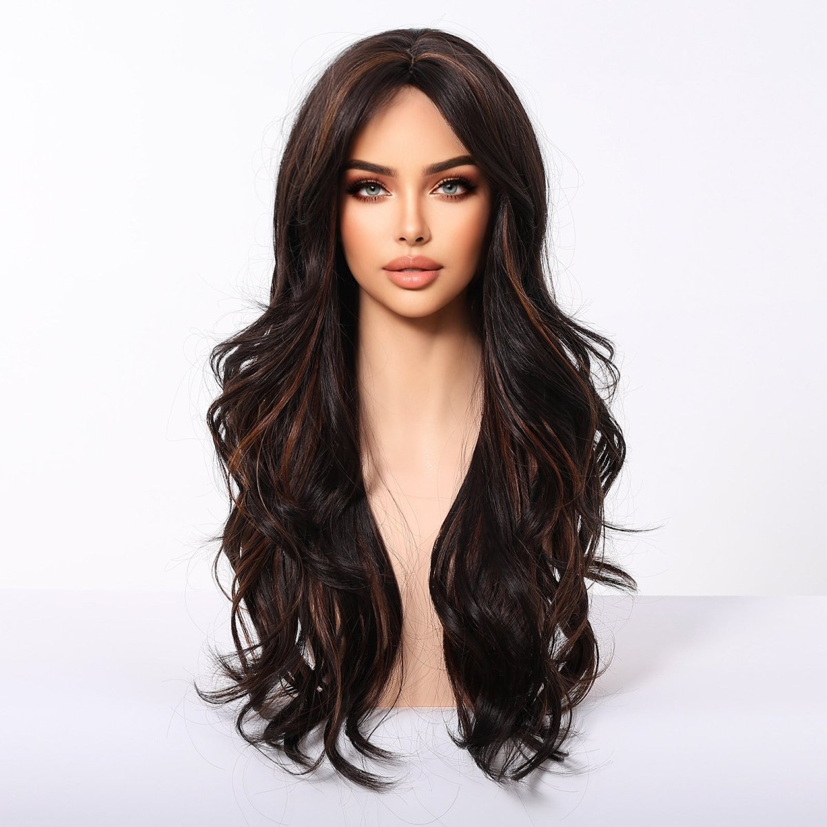 Dark Brown Wig Caramel Highlights Wig - MARKETPLACE - Milk &amp; Honey Wigs