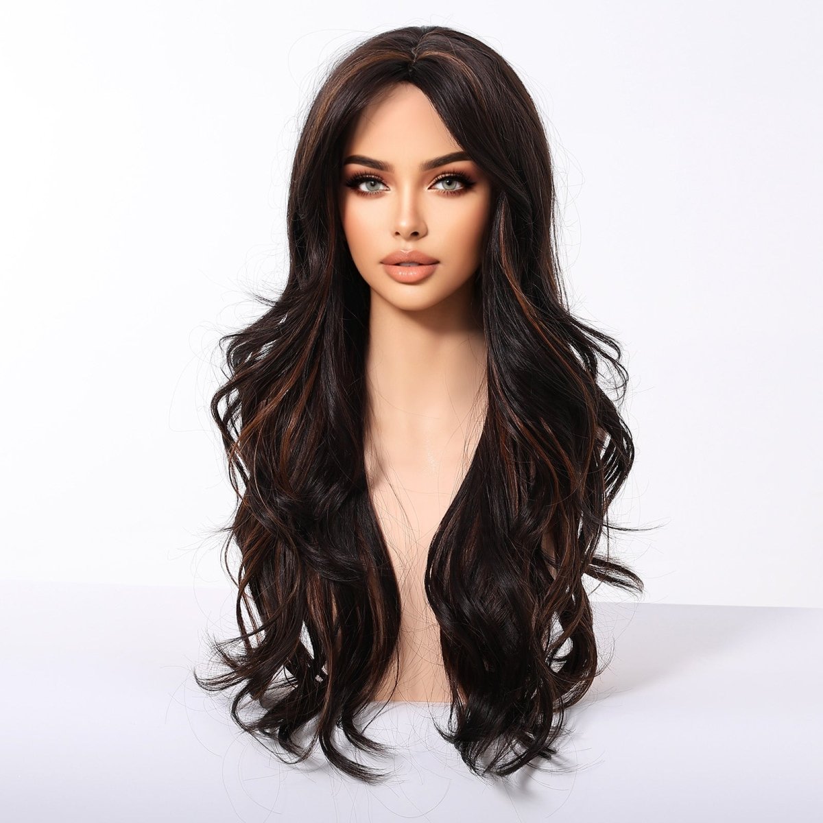 Dark Brown Wig Caramel Highlights Wig - MARKETPLACE - Milk &amp; Honey Wigs