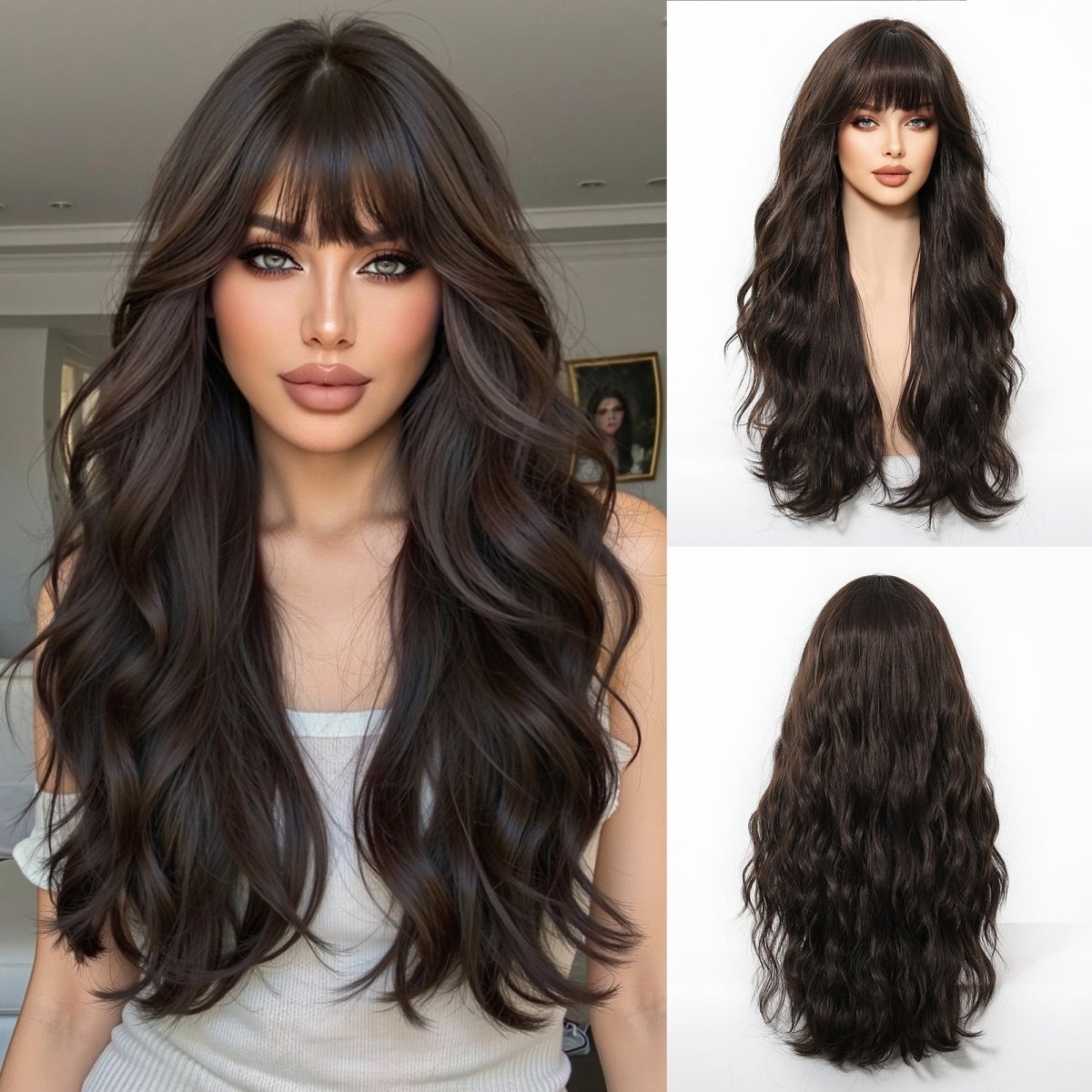 Dark Chocolate Wavy Wig with Full Fringe - MARKETPLACE - Milk & Honey Wigs