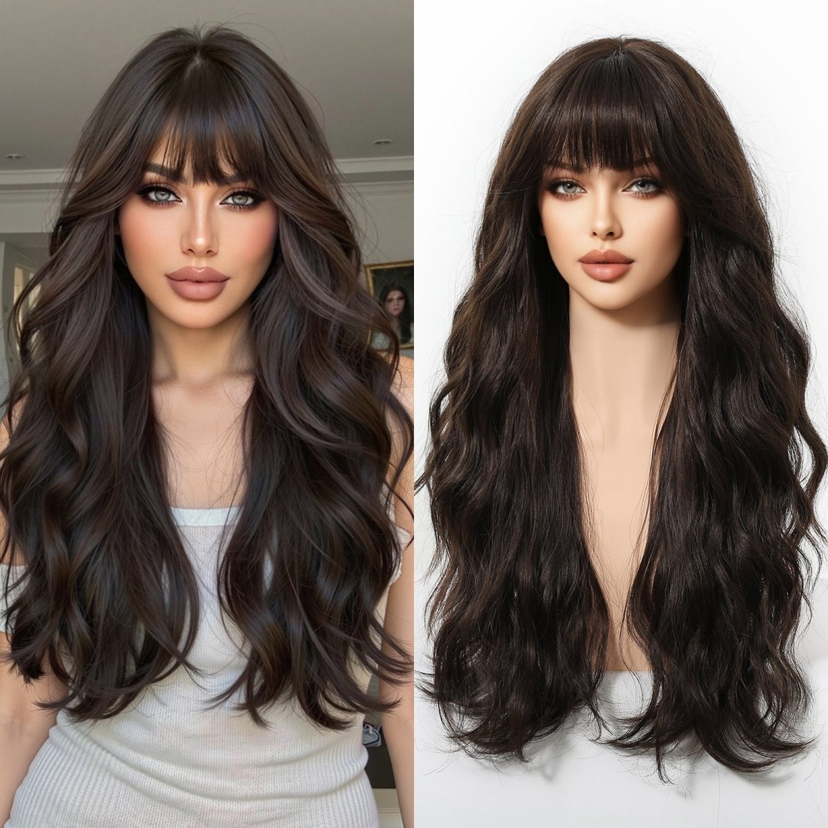 Dark Chocolate Wavy Wig with Full Fringe - MARKETPLACE - Milk & Honey Wigs
