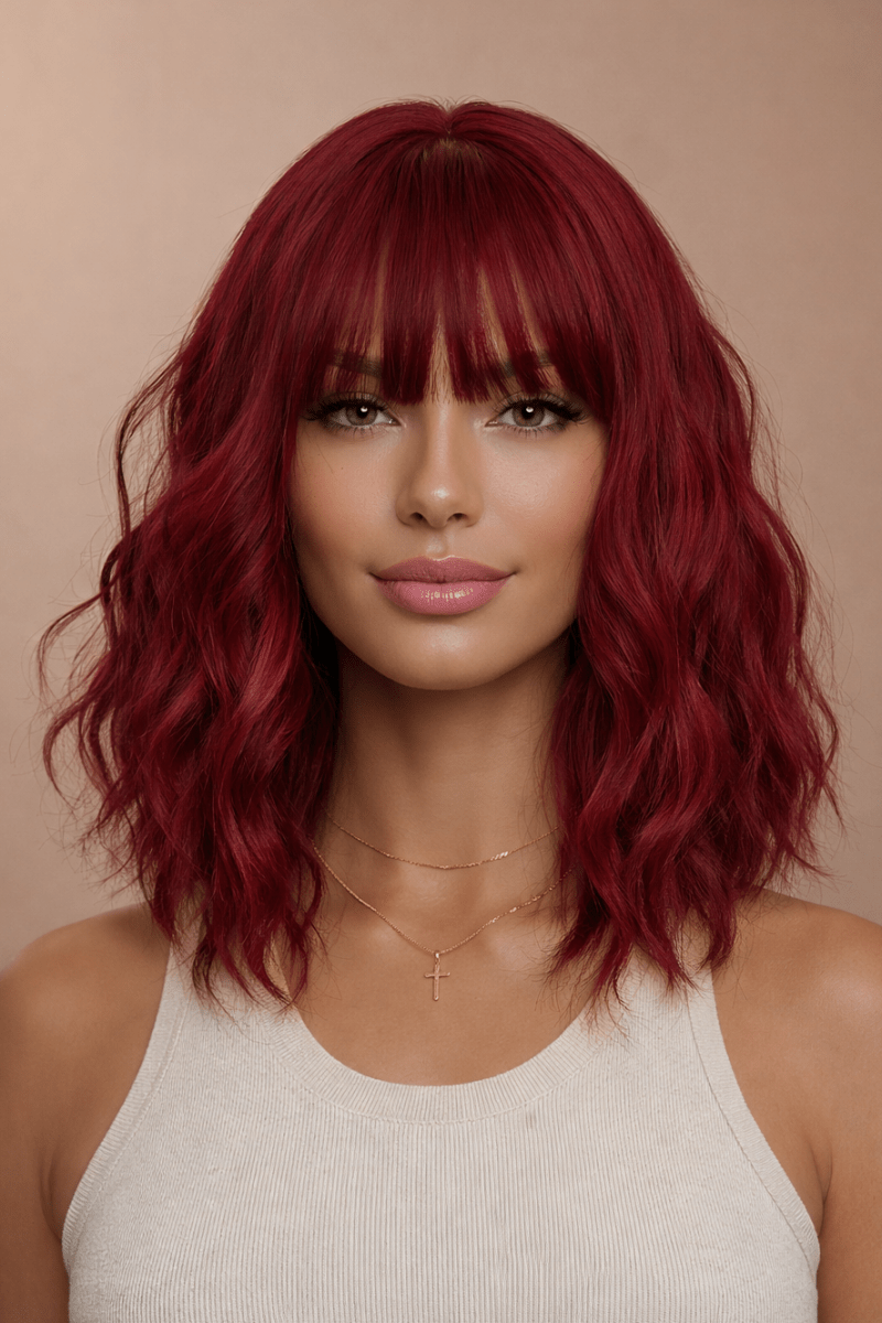 HAYLEY - Burgundy Red - Fringe Wig | Red, 12 Inch &amp; Shorter, Fringe, Synthetic Hair | Milk &amp; Honey Wigs