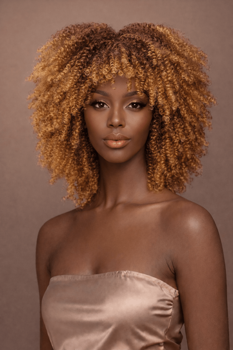 JAYDA - Caramel - Afro Curl Wig | Brown, 14 Inch, Fringe, Synthetic Hair | Milk &amp; Honey Wigs