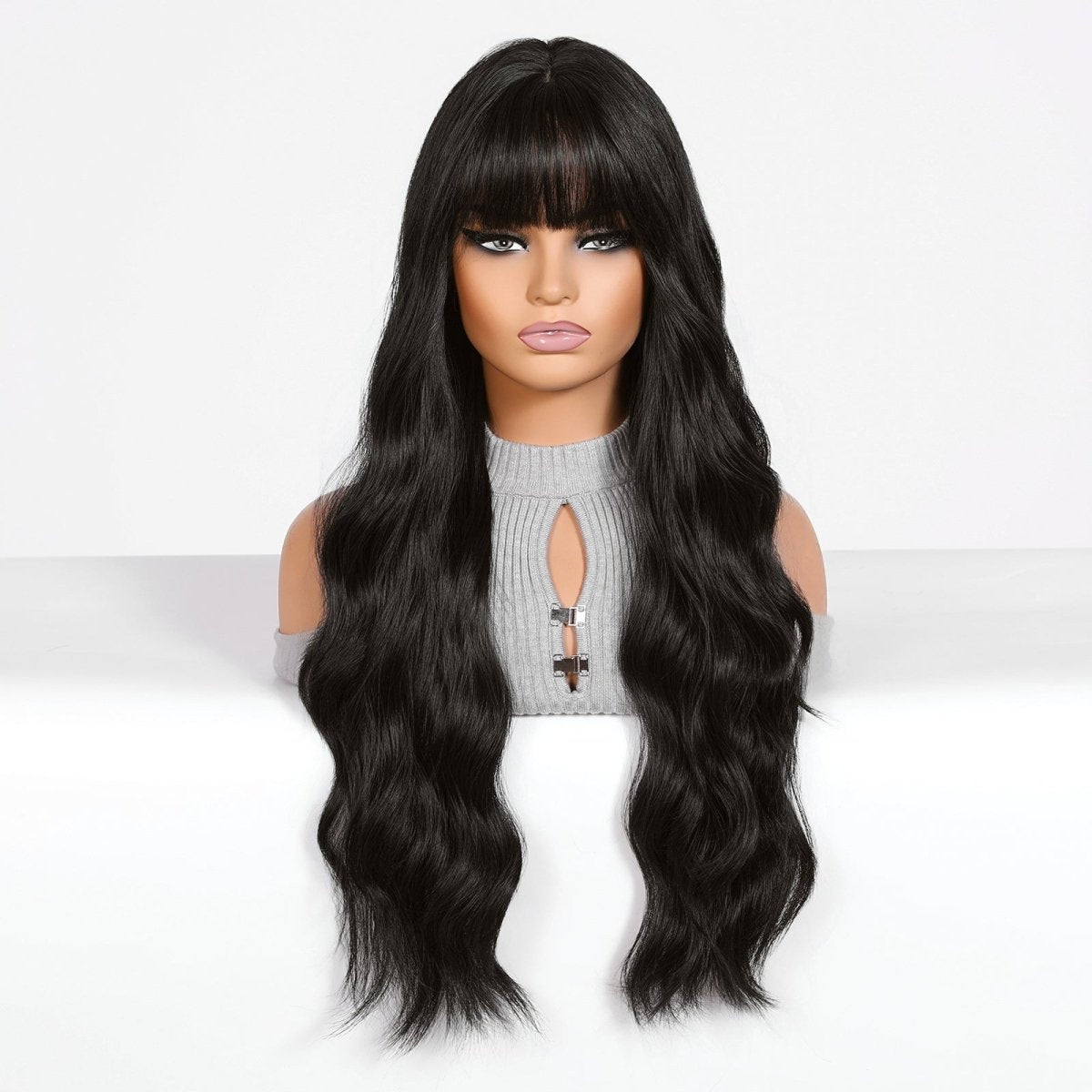 Long Wavy Natural Black with bangs Wig - MARKETPLACE - Milk &amp; Honey Wigs