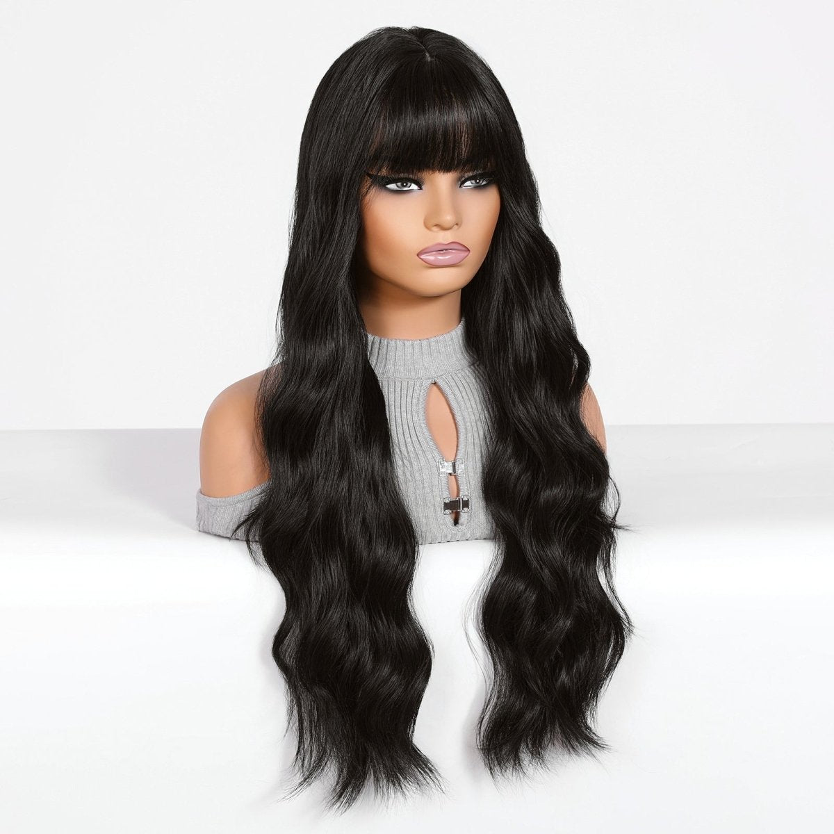 Long Wavy Natural Black with bangs Wig - MARKETPLACE - Milk &amp; Honey Wigs