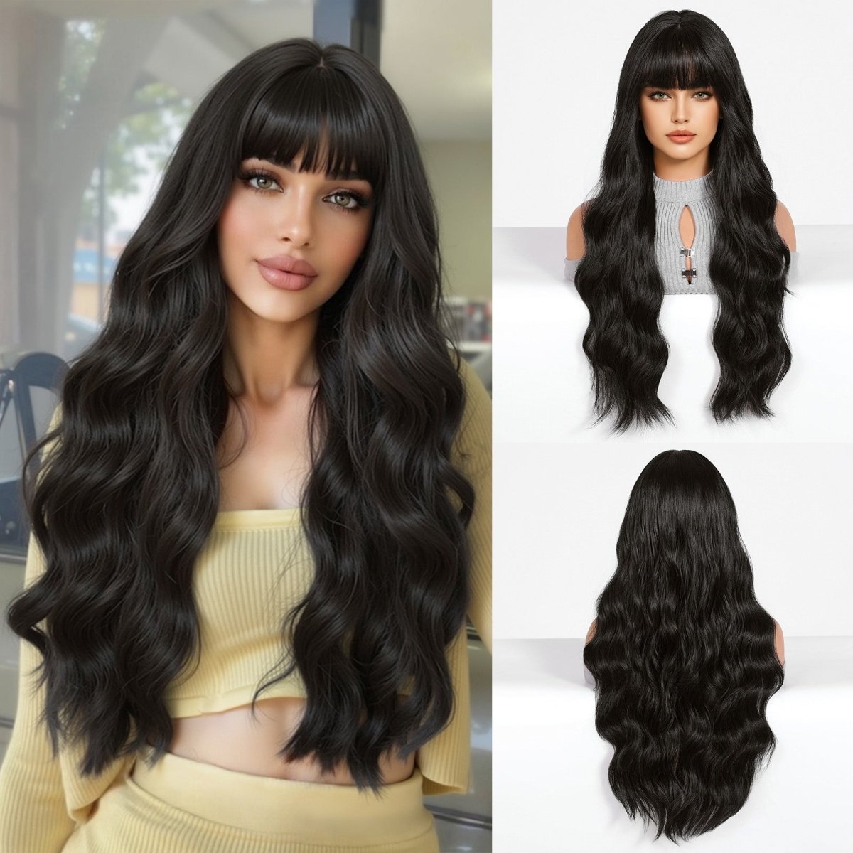 Long Wavy Natural Black with bangs Wig - MARKETPLACE - Milk &amp; Honey Wigs