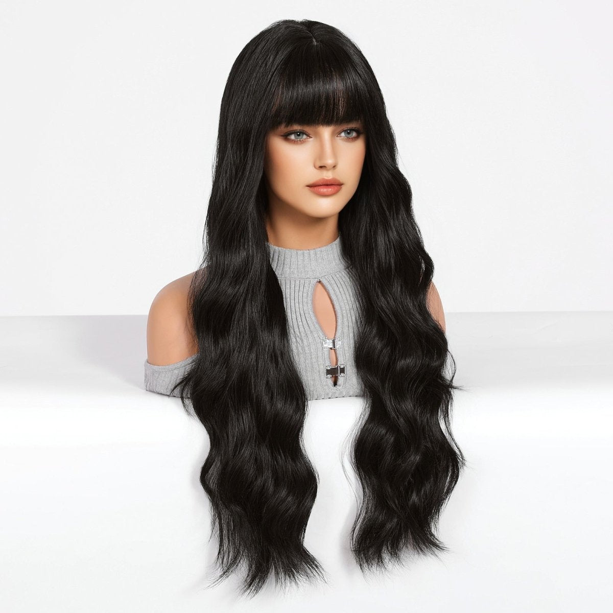 Long Wavy Natural Black with bangs Wig - MARKETPLACE - Milk &amp; Honey Wigs