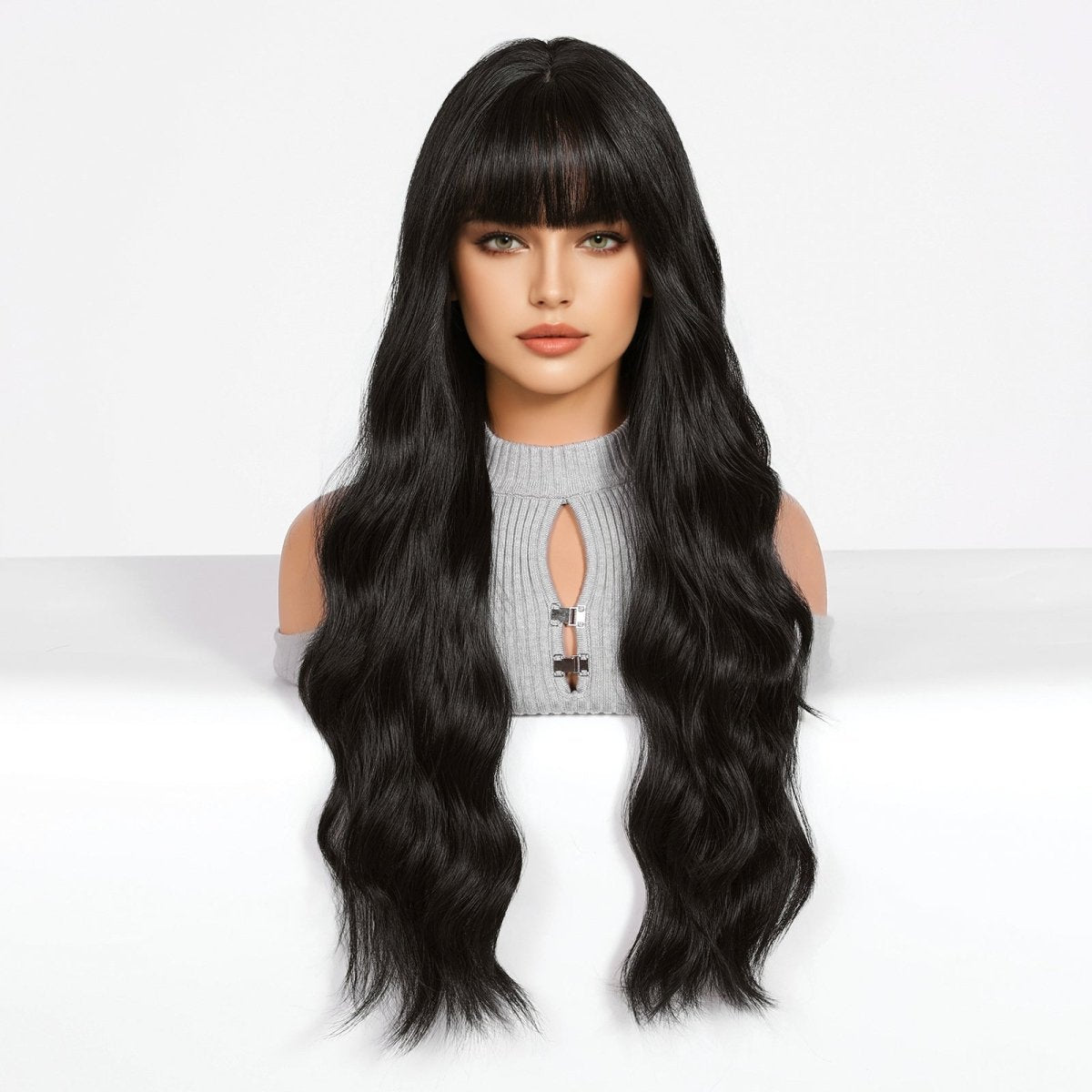 Long Wavy Natural Black with bangs Wig - MARKETPLACE - Milk &amp; Honey Wigs