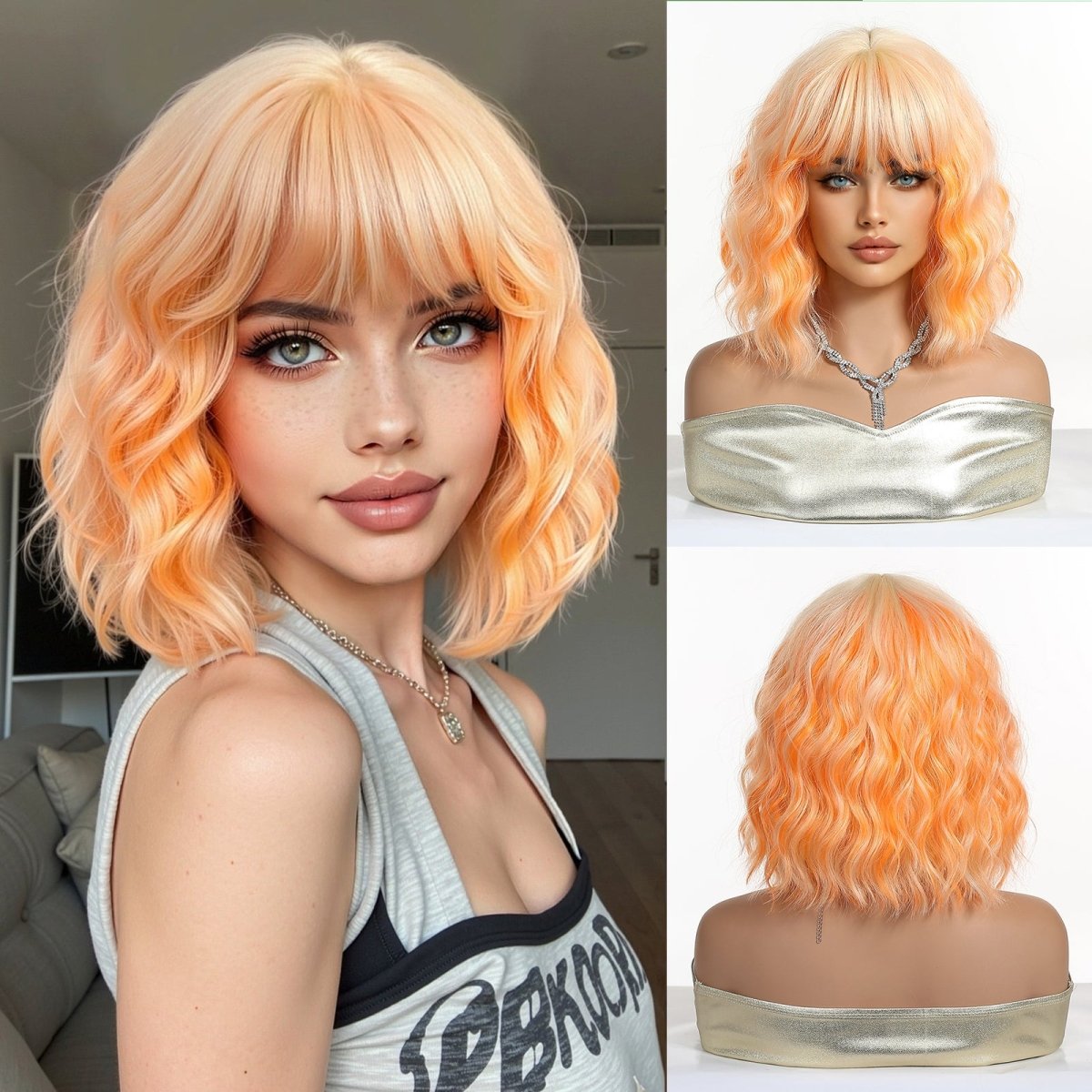 Peach Orange Wavy Bob Wig - MARKETPLACE - Milk &amp; Honey Wigs