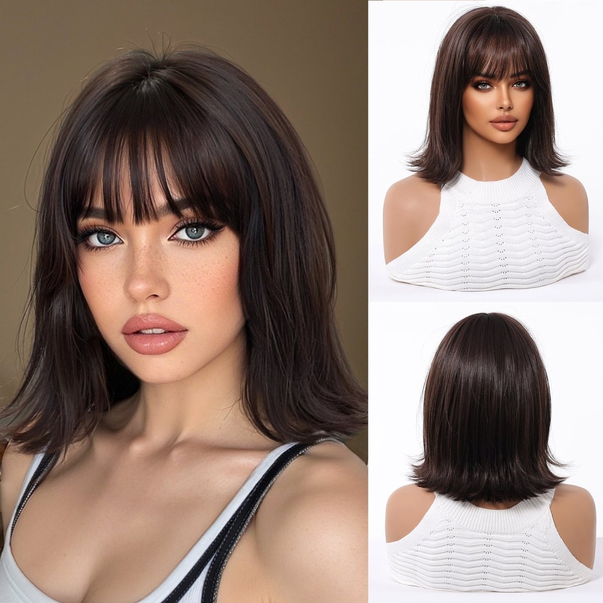 Short Dark Brown Bob Wispy Fringe Wig - MARKETPLACE - Milk & Honey Wigs