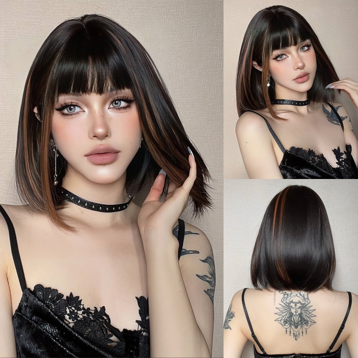 Sleek Black Bob Wig with Bangs and Caramel Highlights - MARKETPLACE - Milk & Honey Wigs