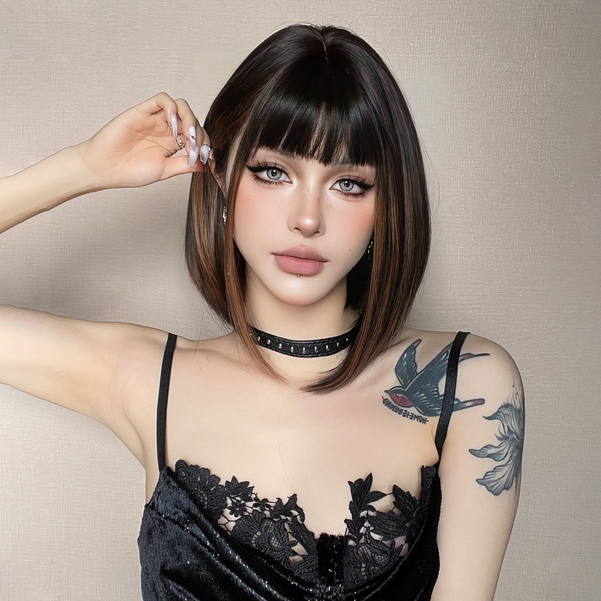Sleek Black Bob Wig with Bangs and Caramel Highlights - MARKETPLACE - Milk &amp; Honey Wigs