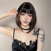 Sleek Black Bob Wig with Bangs and Caramel Highlights - MARKETPLACE - Milk & Honey Wigs