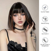 Sleek Black Bob Wig with Bangs and Caramel Highlights - MARKETPLACE - Milk & Honey Wigs