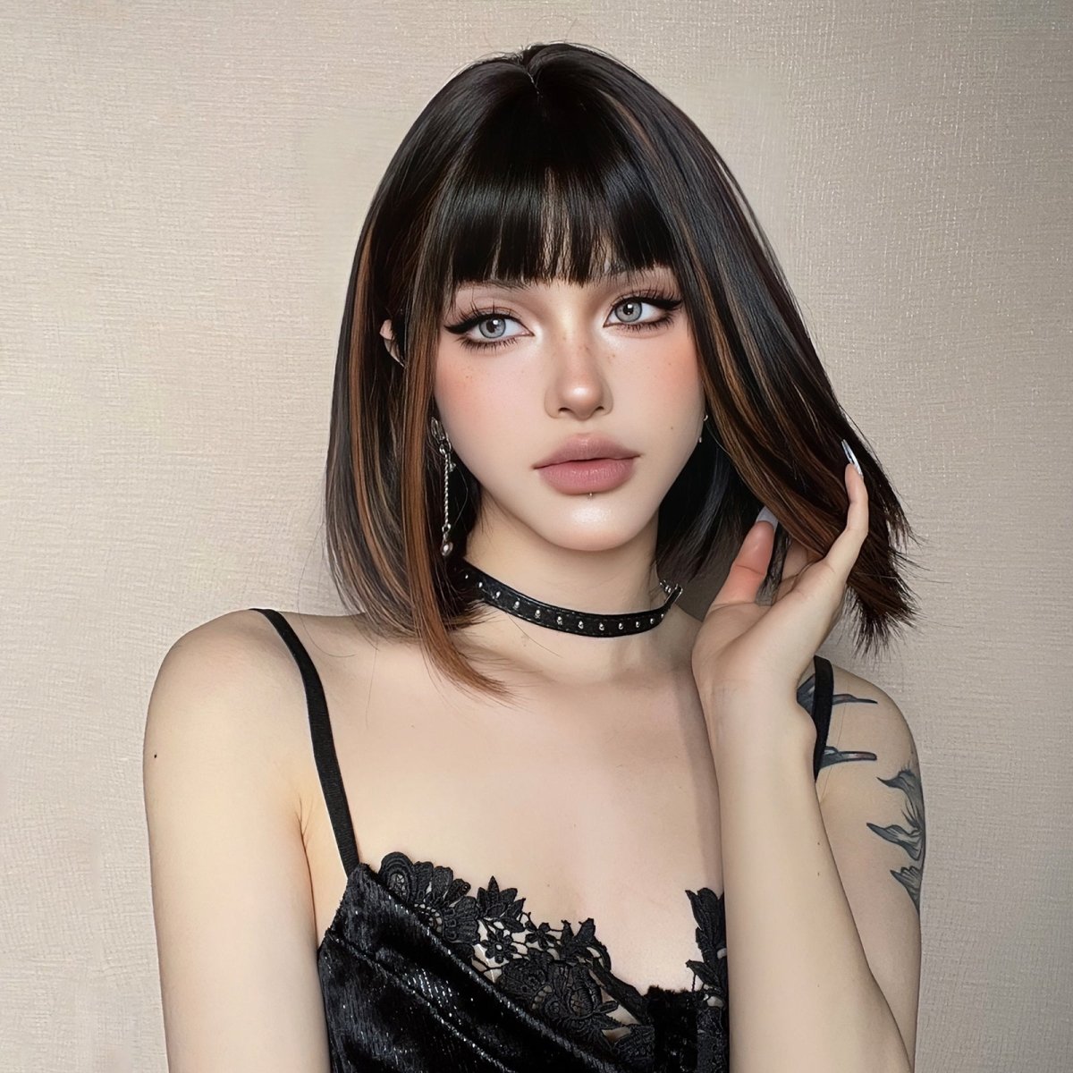Sleek Black Bob Wig with Bangs and Caramel Highlights - MARKETPLACE - Milk & Honey Wigs