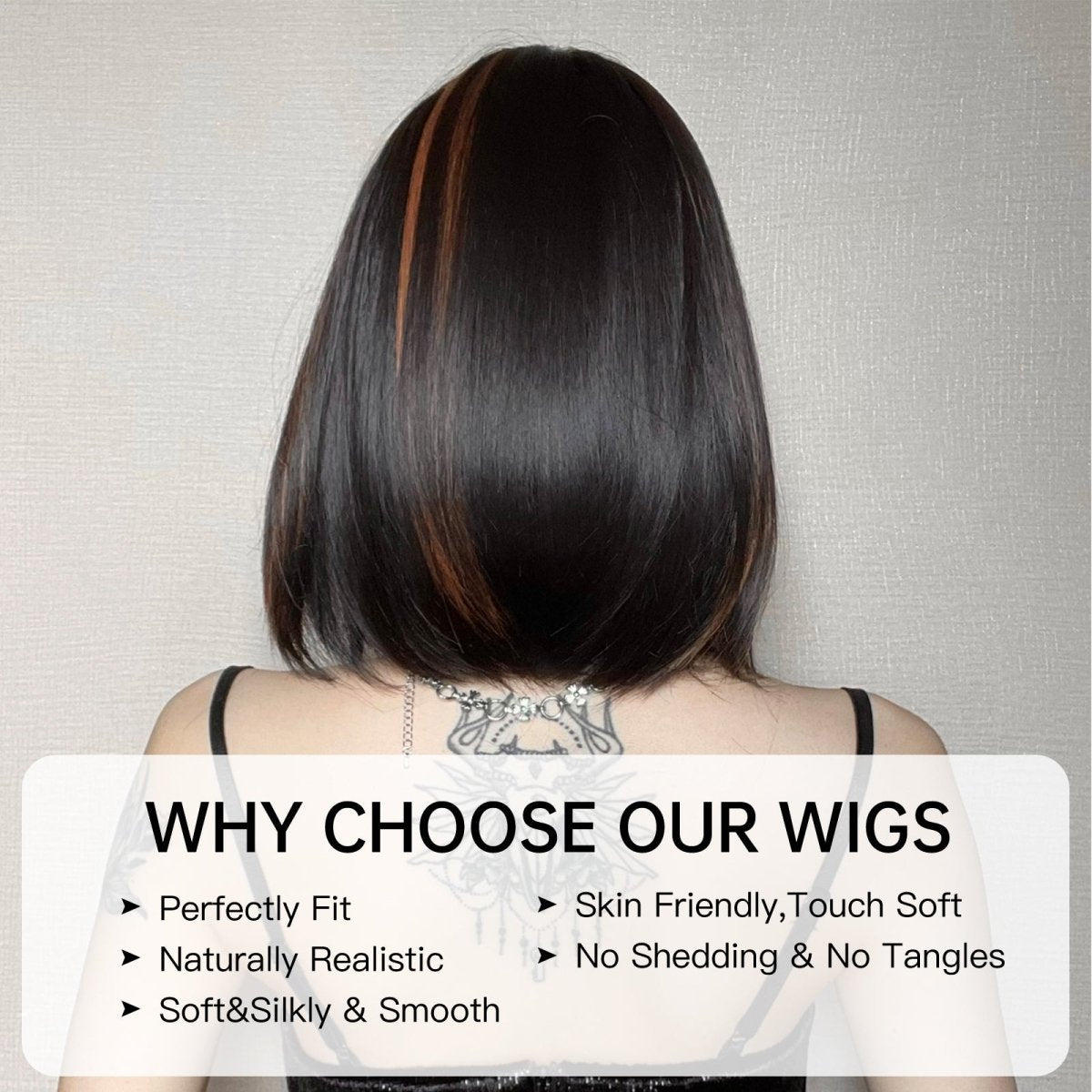 Sleek Black Bob Wig with Bangs and Caramel Highlights - MARKETPLACE - Milk &amp; Honey Wigs