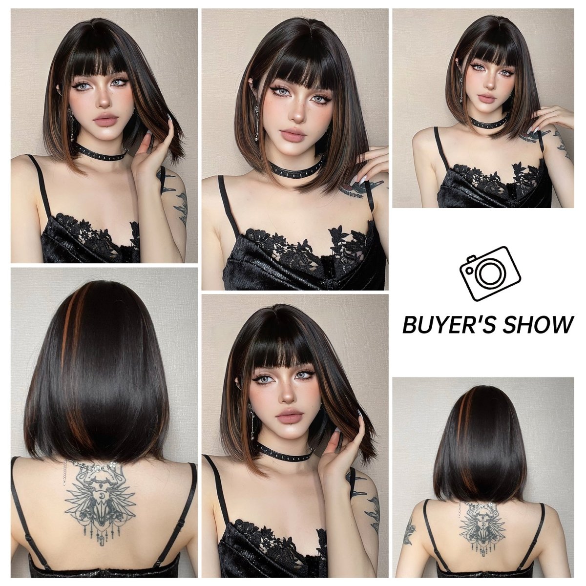 Sleek Black Bob Wig with Bangs and Caramel Highlights - MARKETPLACE - Milk &amp; Honey Wigs