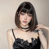 Sleek Black Bob Wig with Bangs and Caramel Highlights - MARKETPLACE - Milk & Honey Wigs