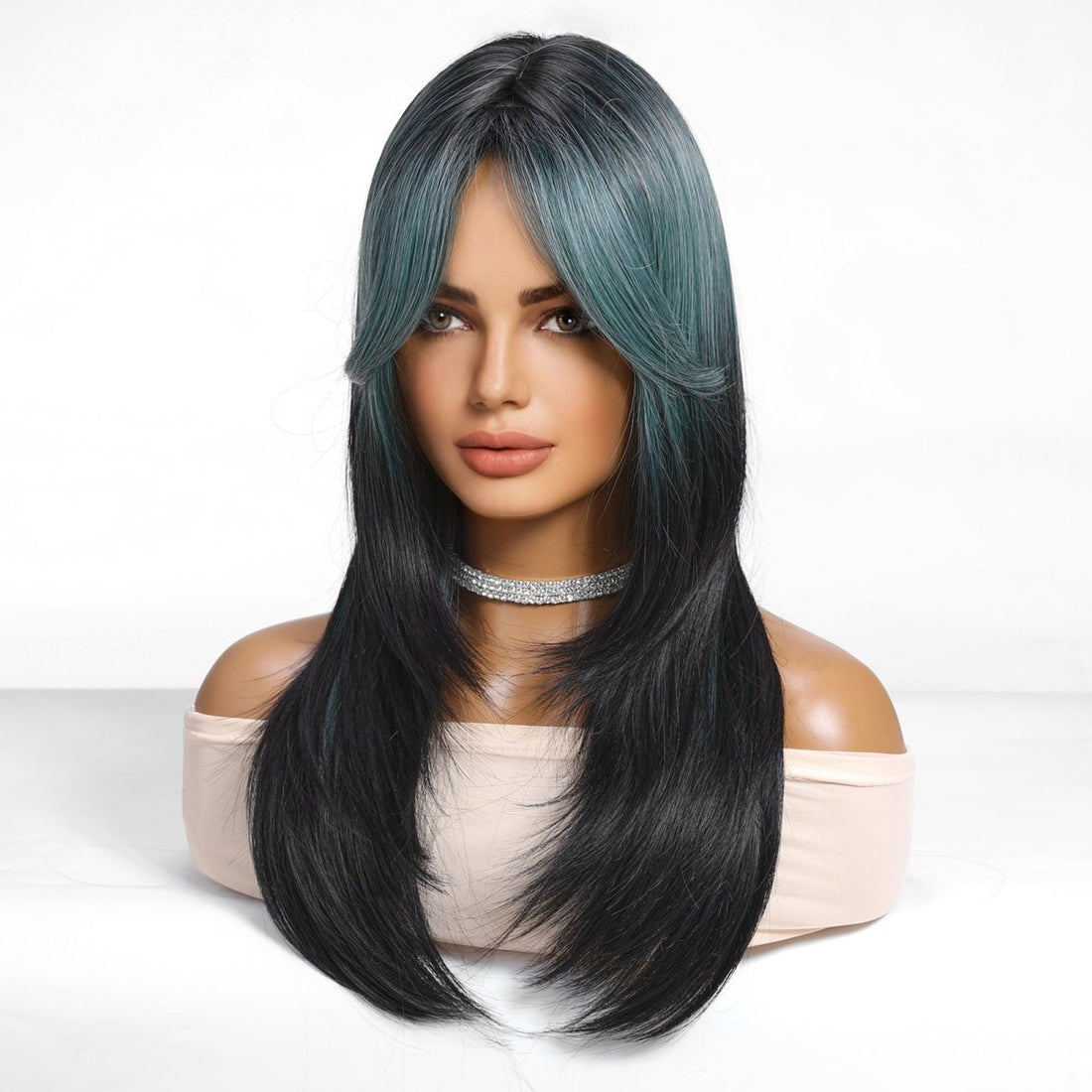 Teal Highlight Layered with Curtain Bangs Wig - MARKETPLACE - Milk &amp; Honey Wigs