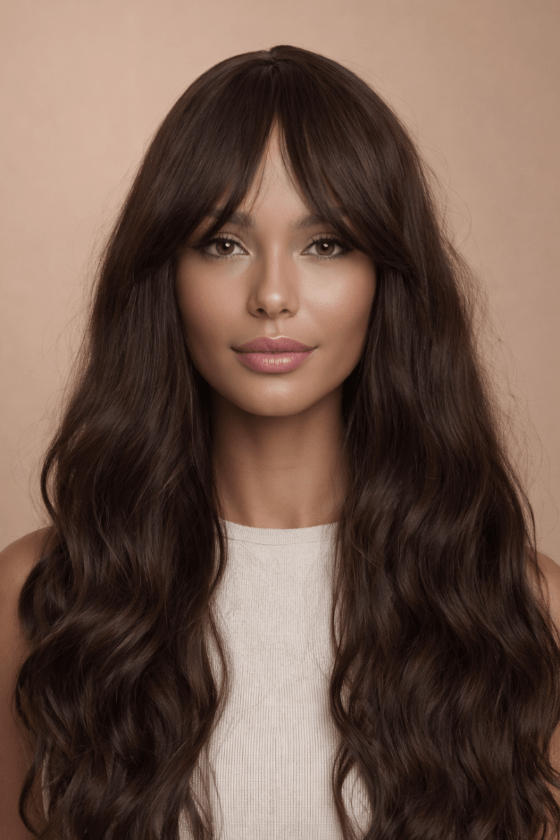 YASMIN - Dark Brown - Fringe Wig | Brown, 28 Inch+, Fringe, Synthetic Hair | Milk &amp; Honey Wigs