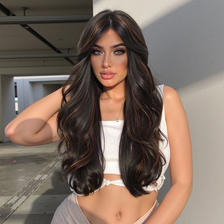 Dark Brown Wig Caramel Highlights Wig - MARKETPLACE