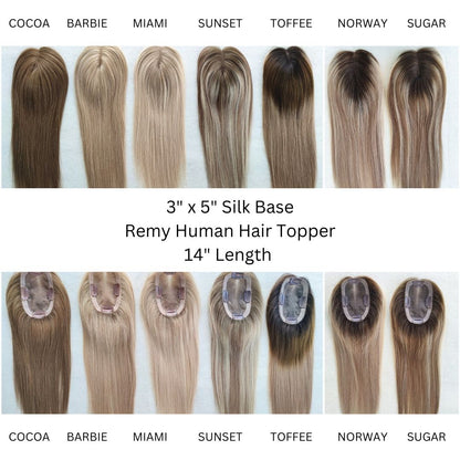 Remy human hair topper 3 x 5 silk base, 14 inch | Milk &amp; Honey Wigs