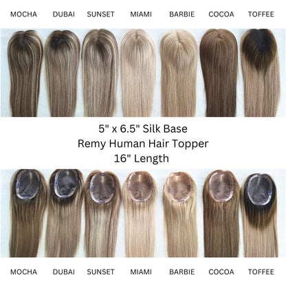 Remy human hair topper 5 x 6.5 silk base, 16 inch | Milk &amp; Honey Wigs