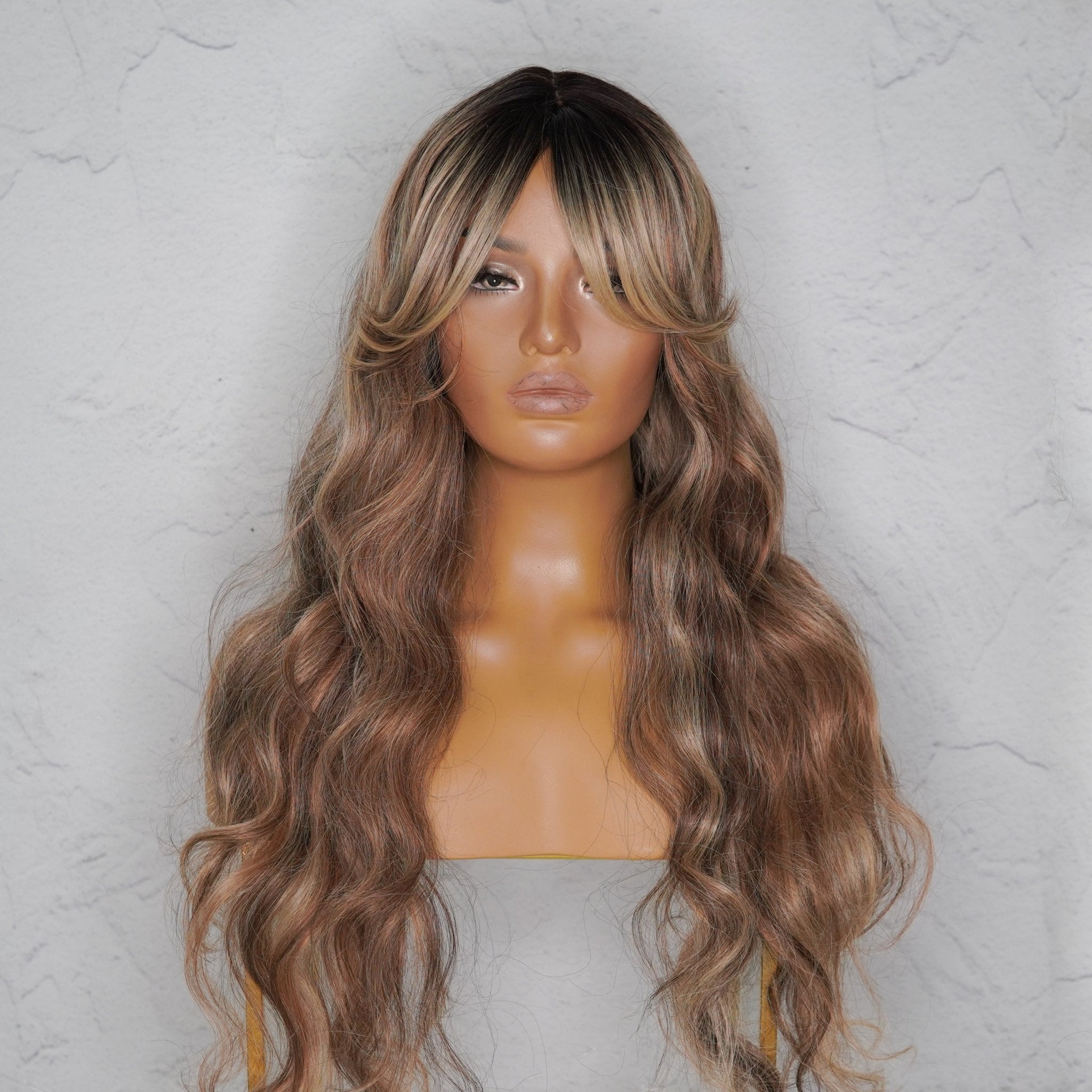 HENLEY 24 Inch Long Ombre Mixed Blonde Curtain Bangs Wavy Fringe Wig with Dark Roots Sydney Australia Milk Honey Milk Honey Wigs