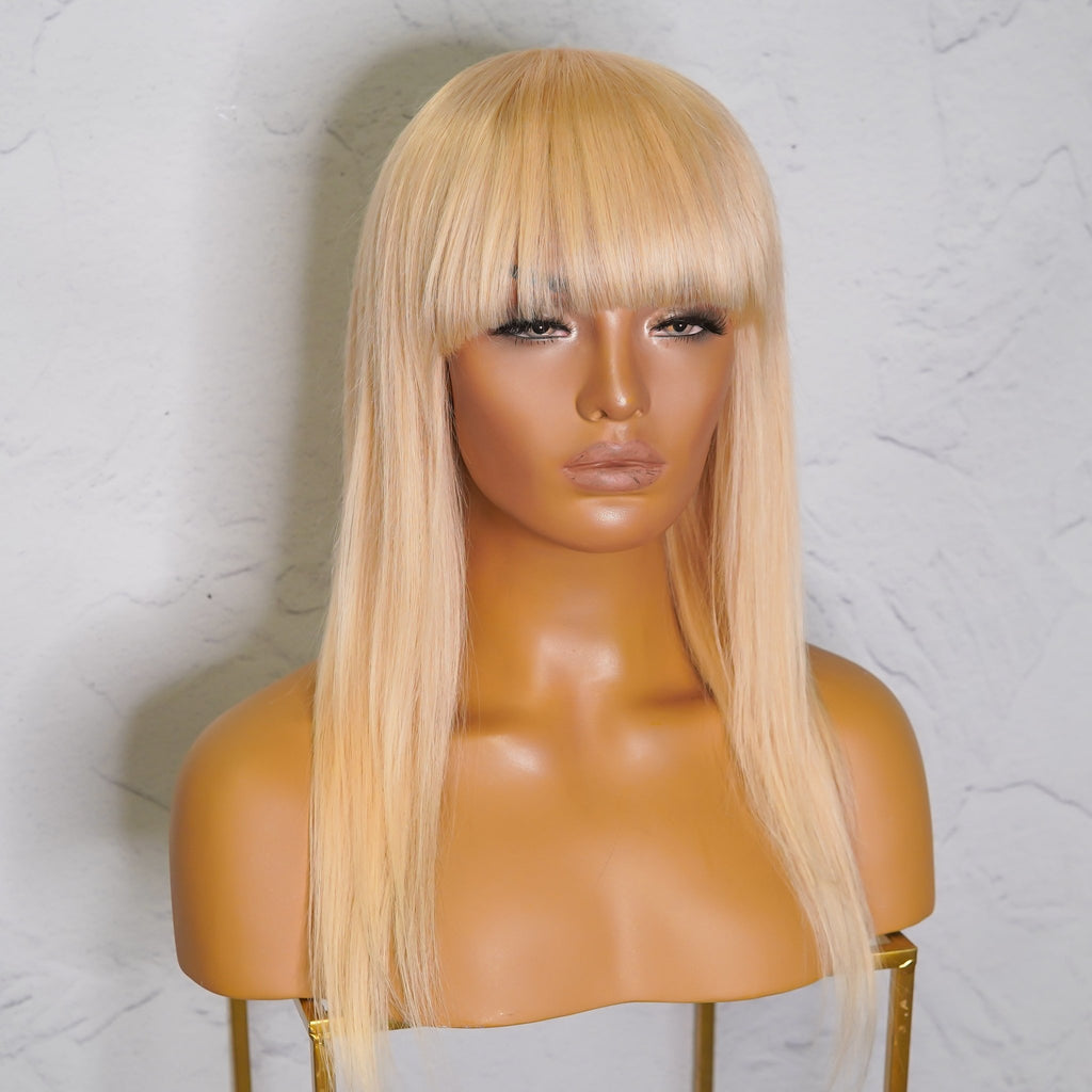 Blonde human 2024 hair wig bangs