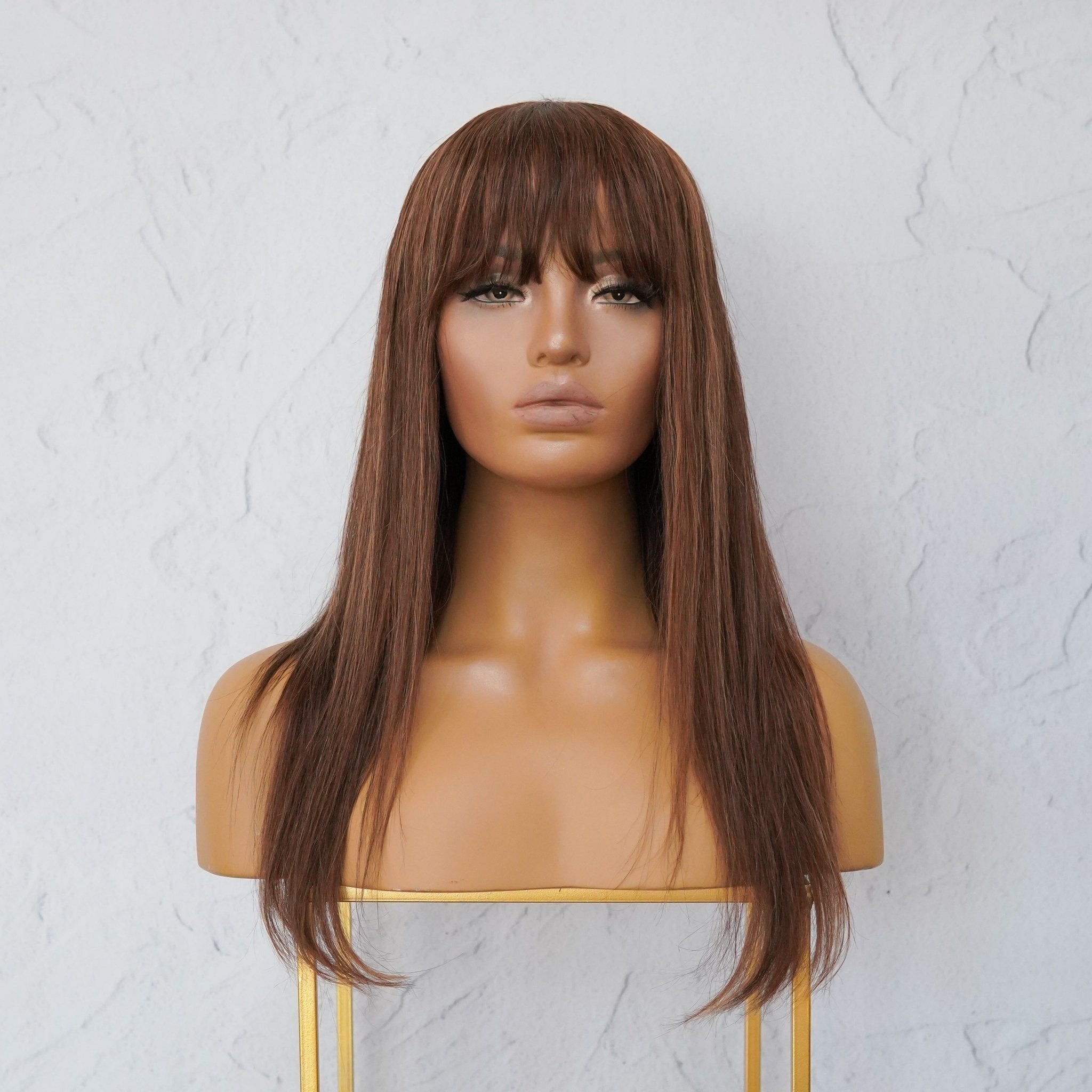 VICTORIA Brown Human Hair Fringe Wig ** READY TO SHIP ** - Milk & Honey Wigs