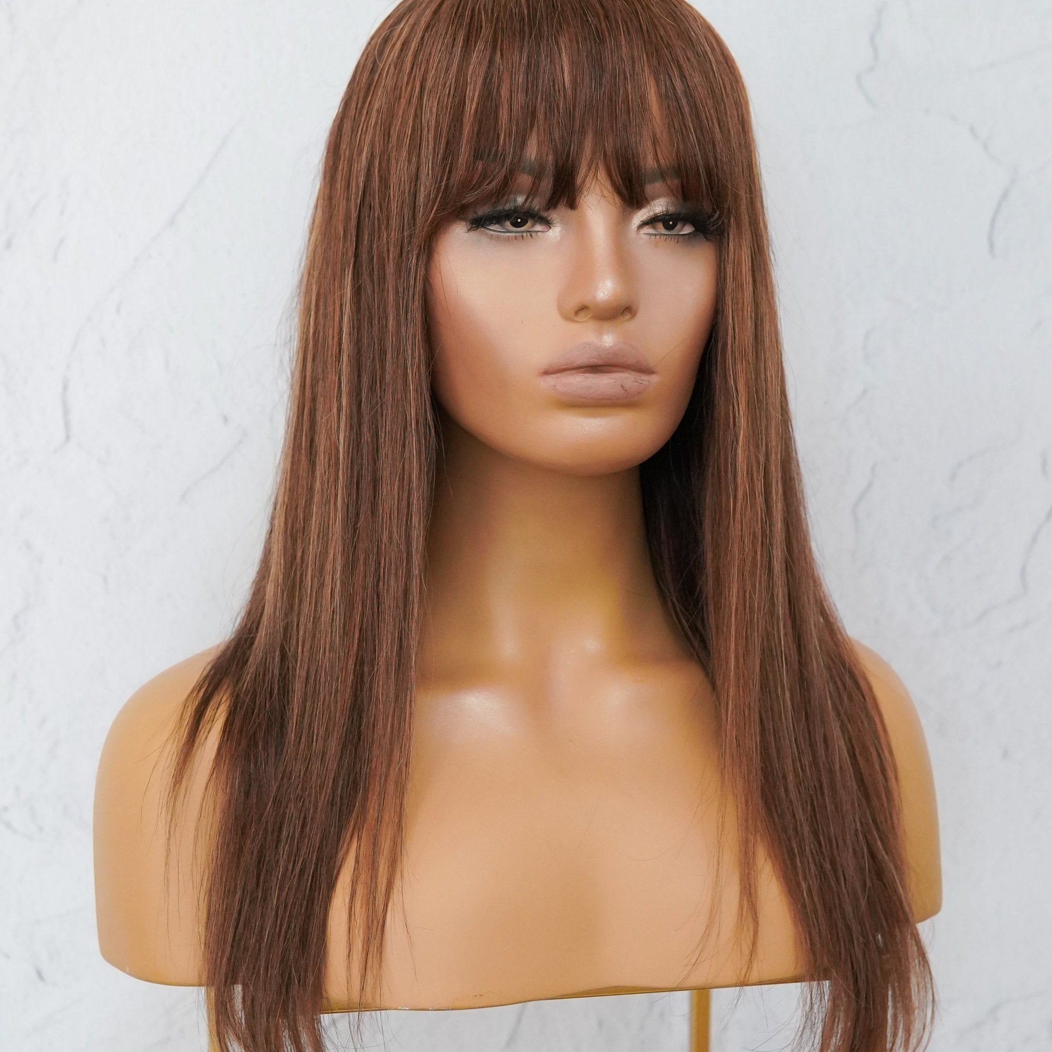 VICTORIA Brown Human Hair Fringe Wig ** READY TO SHIP ** - Milk & Honey Wigs