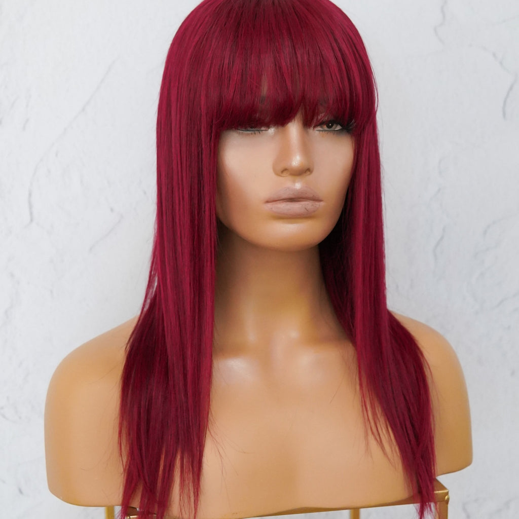 VICTORIA Burgundy Red Human Hair Fringe Wig ** READY TO SHIP ** - Milk & Honey